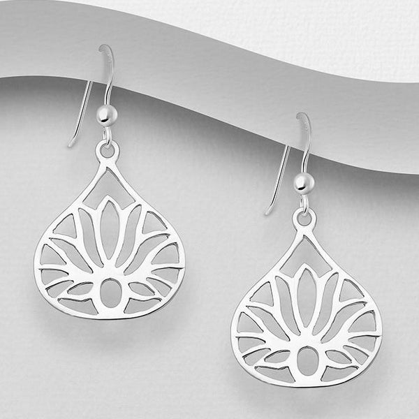 Sterling Silver Lotus Teardrop Hook Earrings