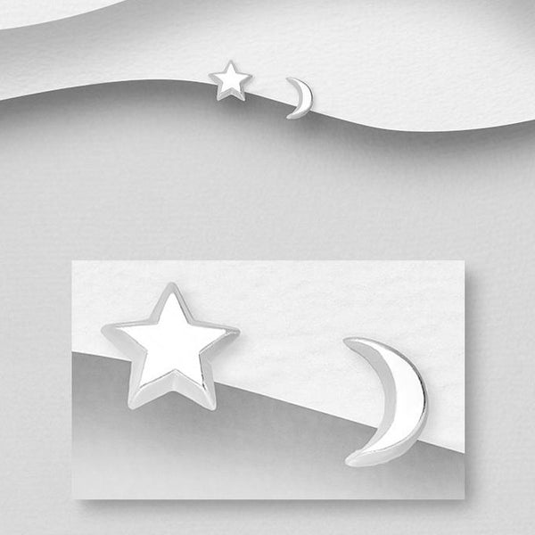 Sterling Silver Moon + Star Stud Earrings