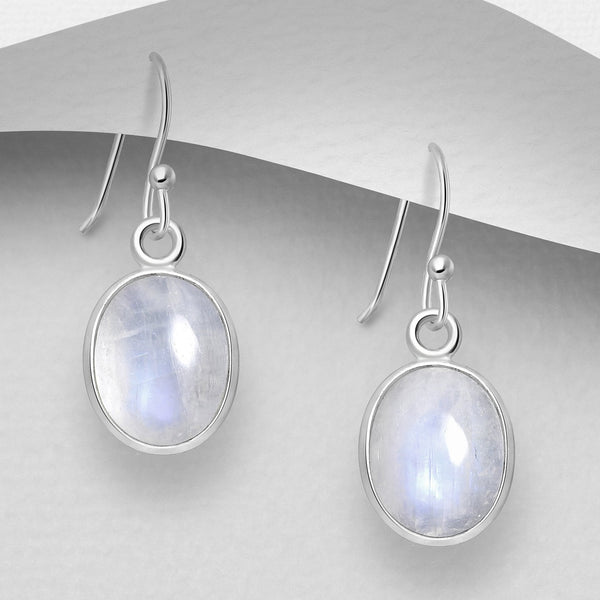 Sterling Silver Oval Rainbow Moonstone Hook Earrings