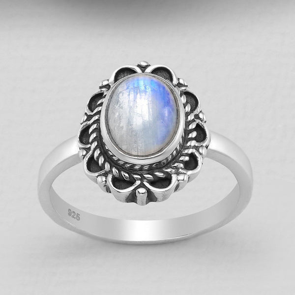 Sterling Silver Oxidized Ring with Rainbow Moonstone