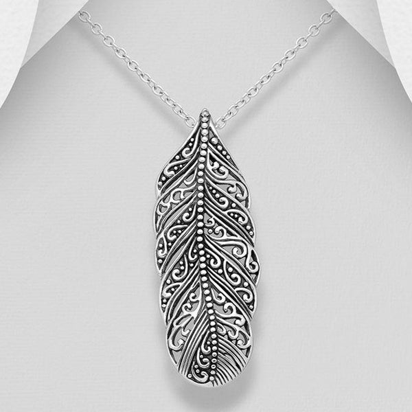 Oxidized Feather Sterling Silver Pendant