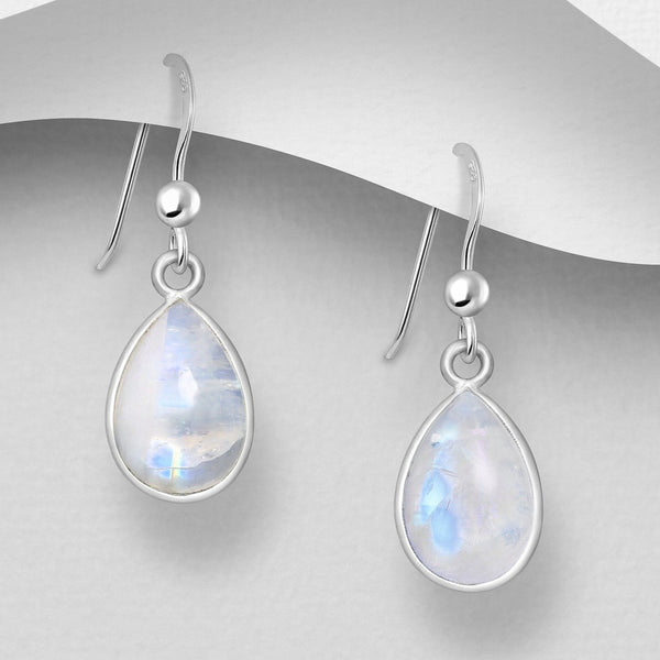 Sterling Silver Teardrop Rainbow Moonstone Hook Earrings