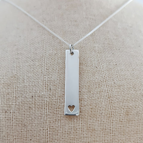 Engravable Bar Tag with Heart Sterling Silver Pendant