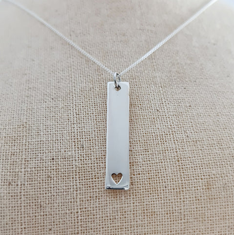 Engravable Bar Tag with Heart Sterling Silver Pendant