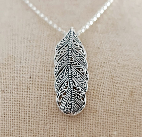 Oxidized Feather Sterling Silver Pendant