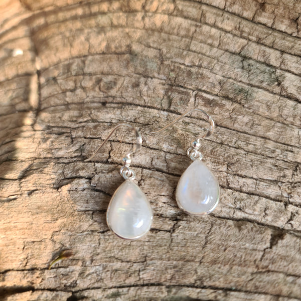 Sterling Silver Teardrop Rainbow Moonstone Hook Earrings