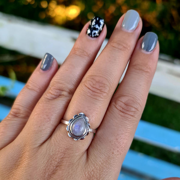 Sterling Silver Oxidized Teardrop Ring with Rainbow Moonstone