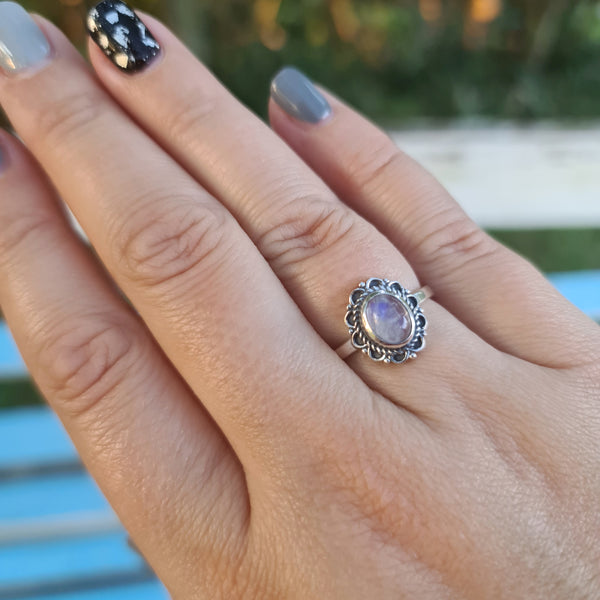 Sterling Silver Oxidized Ring with Rainbow Moonstone