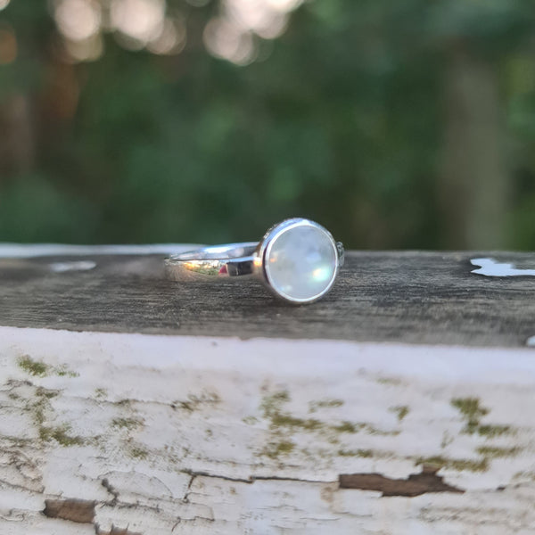 Sterling Silver Ring with Round Rainbow Moonstone
