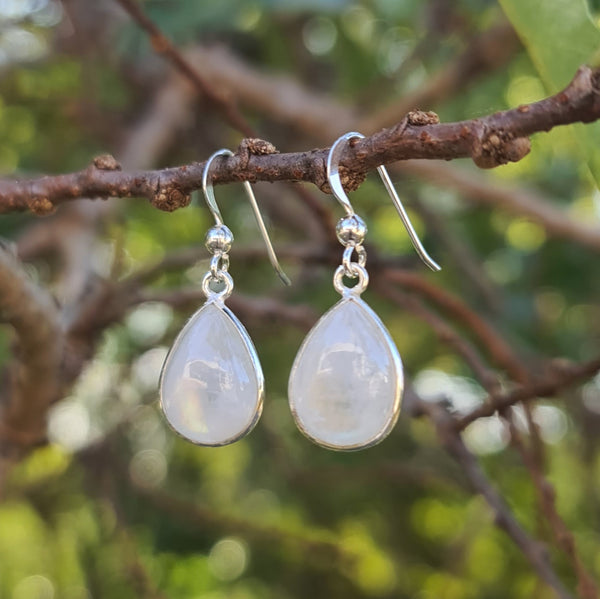 Sterling Silver Teardrop Rainbow Moonstone Hook Earrings