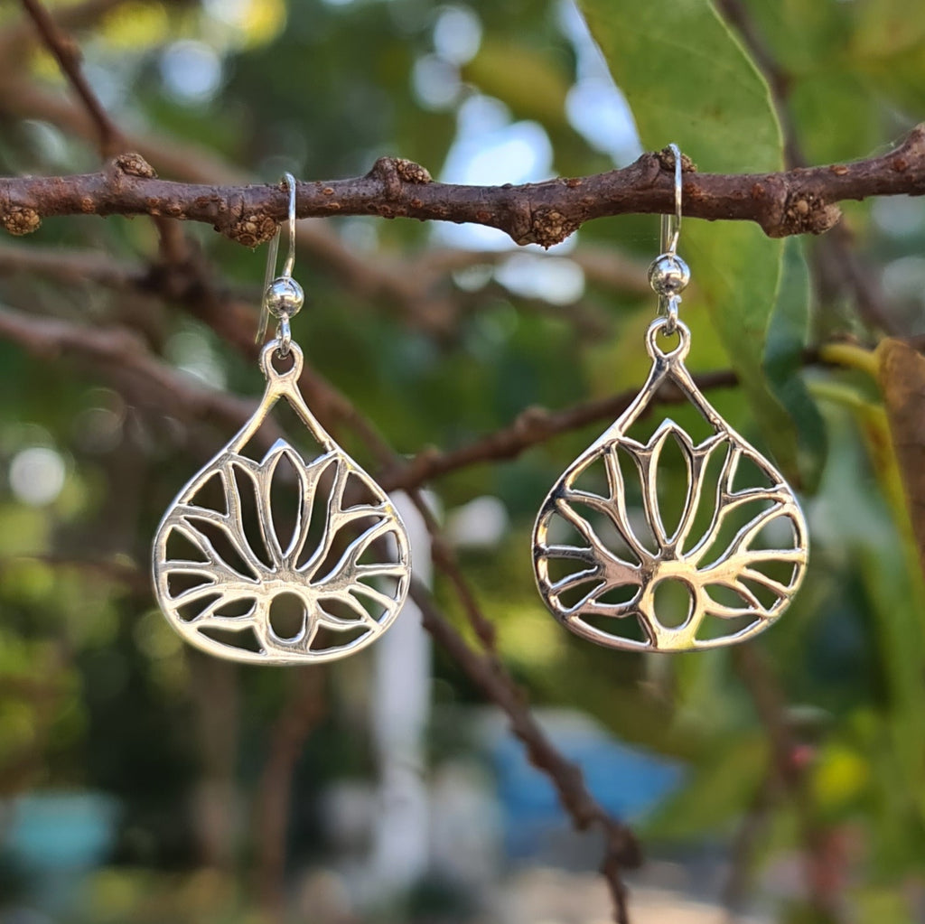 Sterling Silver Lotus Teardrop Hook Earrings