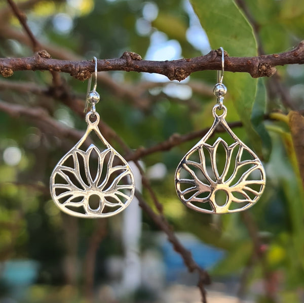 Sterling Silver Lotus Teardrop Hook Earrings