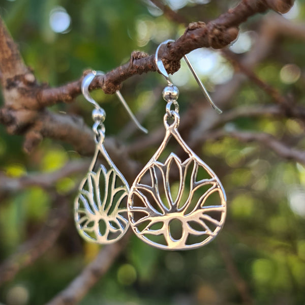 Sterling Silver Lotus Teardrop Hook Earrings
