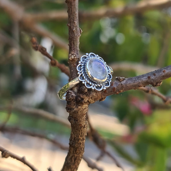 Sterling Silver Oxidized Ring with Rainbow Moonstone