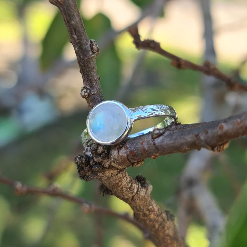 Sterling Silver Ring with Round Rainbow Moonstone