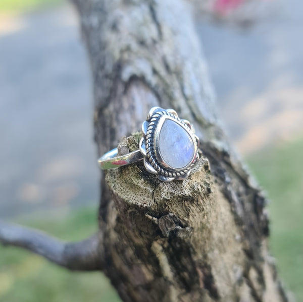 Sterling Silver Oxidized Teardrop Ring with Rainbow Moonstone