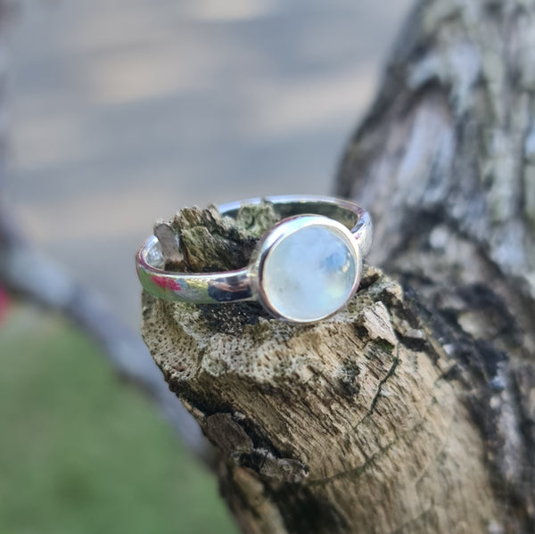 Sterling Silver Ring with Round Rainbow Moonstone