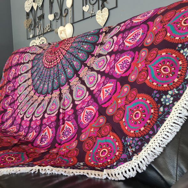 Plum Peacock Mandala Roundie - Tassel Fringe