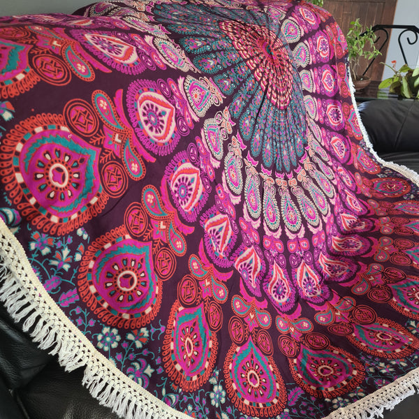 Plum Peacock Mandala Roundie - Tassel Fringe