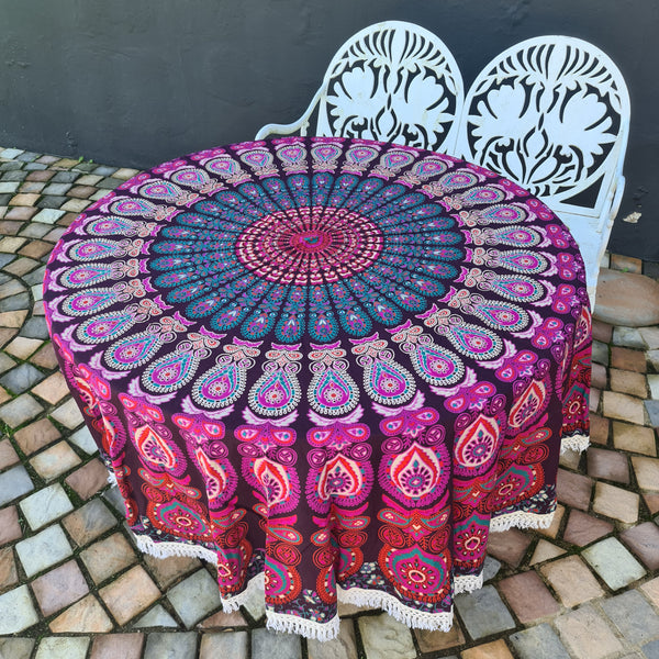 Plum Peacock Mandala Roundie - Tassel Fringe