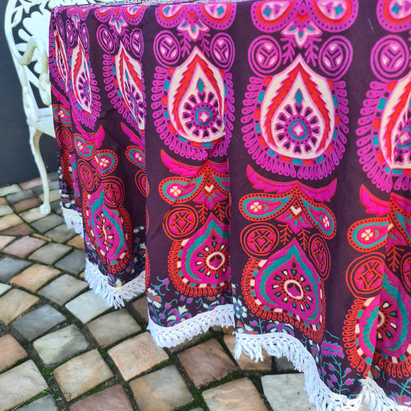 Plum Peacock Mandala Roundie - Tassel Fringe