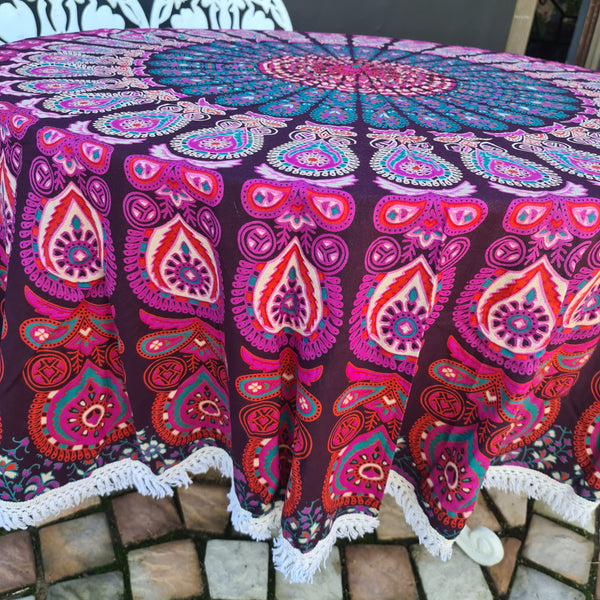 Plum Peacock Mandala Roundie - Tassel Fringe