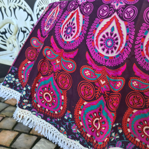 Plum Peacock Mandala Roundie - Tassel Fringe