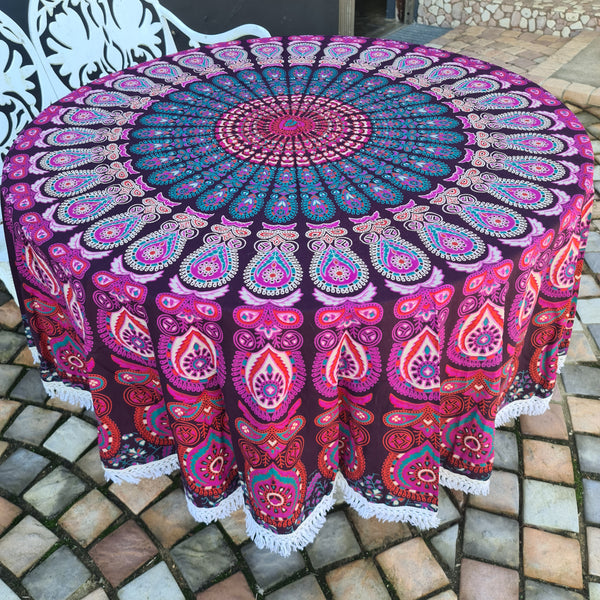 Plum Peacock Mandala Roundie - Tassel Fringe