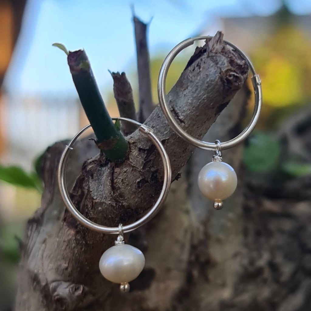 Sterling Silver Hoop Earrings with Round Freshwater Pearls