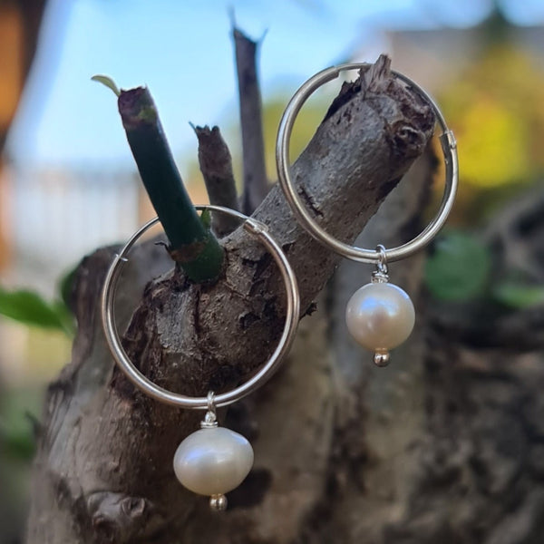 Sterling Silver Hoop Earrings with Round Freshwater Pearls
