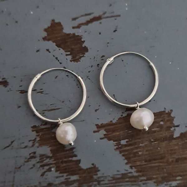 Sterling Silver Hoop Earrings with Round Freshwater Pearls