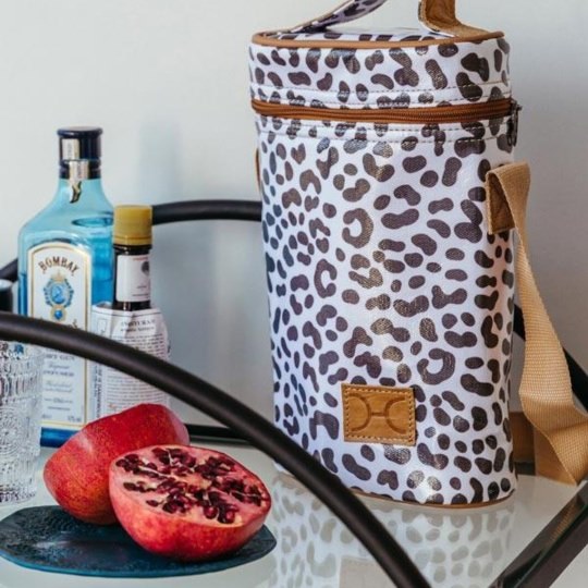 Wine Cooler Double Carry Bag - Laminated Fabric - Cheetah - White