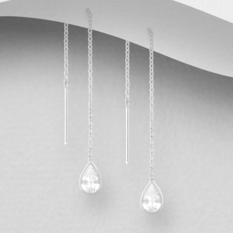Sterling Silver Thread Earrings - Teardrop Cubic Zirconia