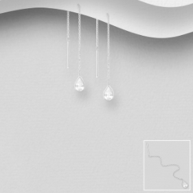 Sterling Silver Thread Earrings - Teardrop Cubic Zirconia