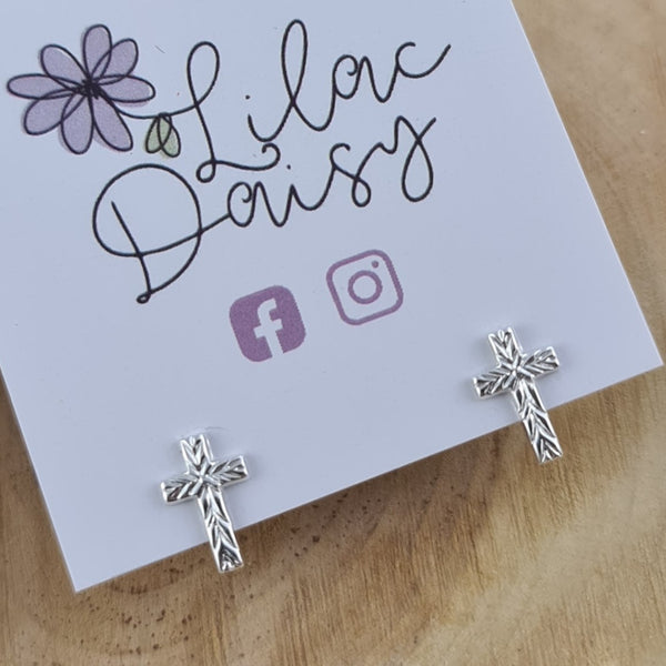 Textured Cross - Sterling Silver Stud Earrings