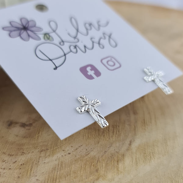 Textured Cross - Sterling Silver Stud Earrings