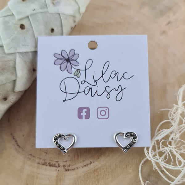 Sterling Silver Heart Stud Earrings (Decorated with Marcasite)