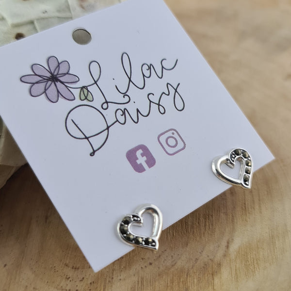 Sterling Silver Heart Stud Earrings (Decorated with Marcasite)