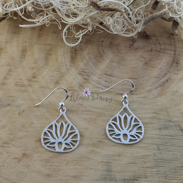 Sterling Silver Lotus Teardrop Hook Earrings