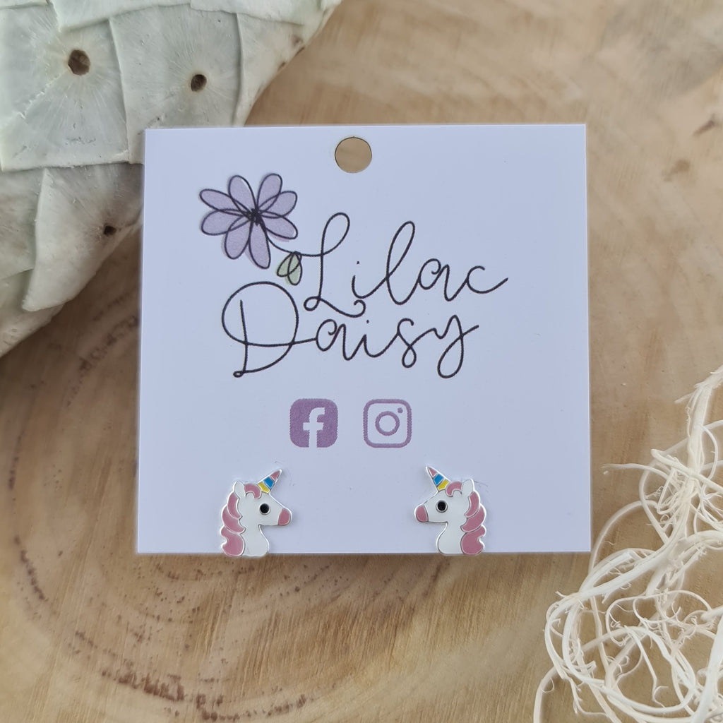 Unicorn - Sterling Silver Stud Earrings (Decorated with Enamel)