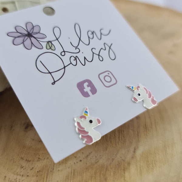 Unicorn - Sterling Silver Stud Earrings (Decorated with Enamel)