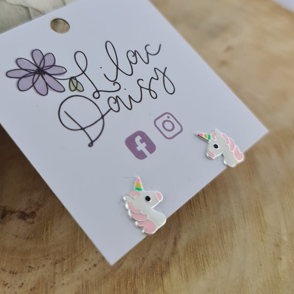 Unicorn - Sterling Silver Stud Earrings (Decorated with Enamel)