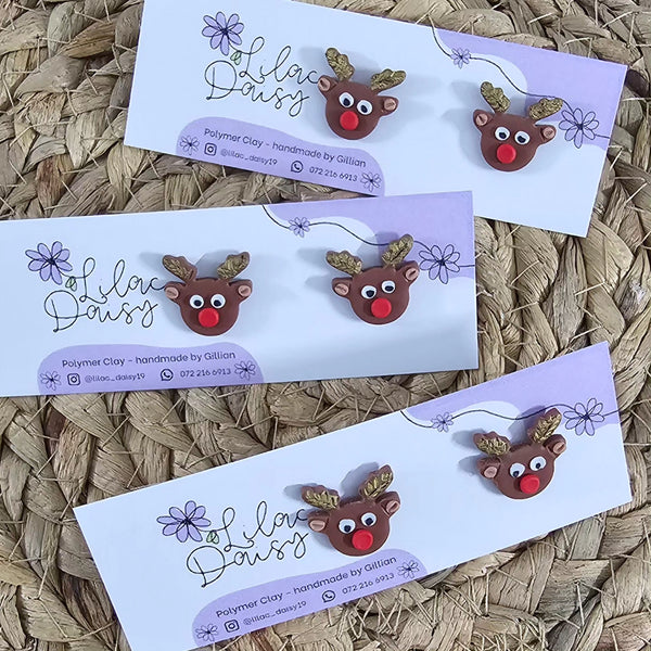 Polymer Clay Earrings - Reindeer Studs (Christmas)