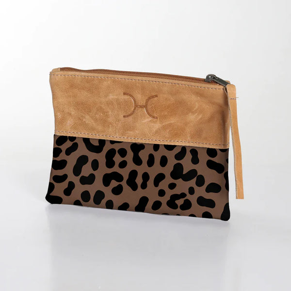 Pouch Laminated Fabric With Leather - Cheetah - Coffee