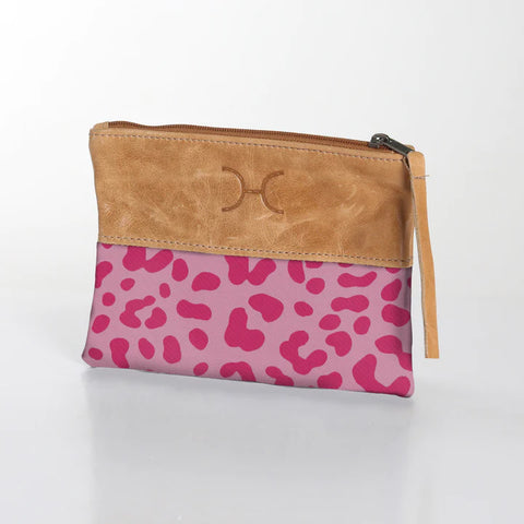 Pouch Laminated Fabric With Leather - Cheetah - Pink