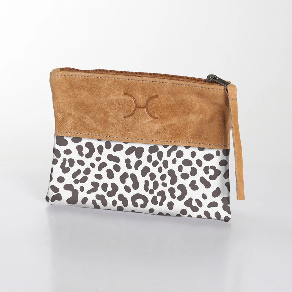 Pouch Laminated Fabric With Leather - Cheetah - White