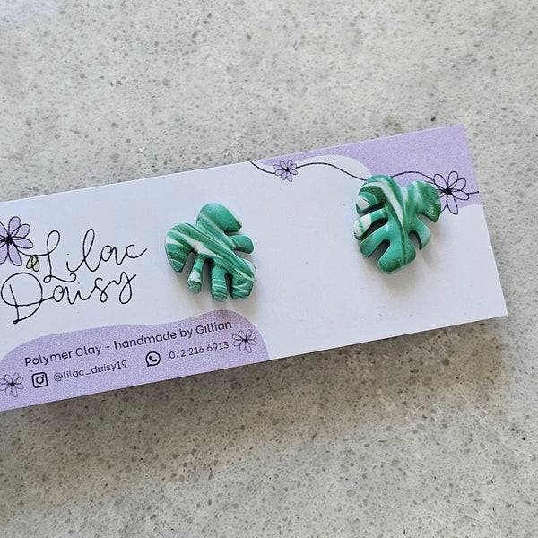 Polymer Clay Earrings - Monstera studs small