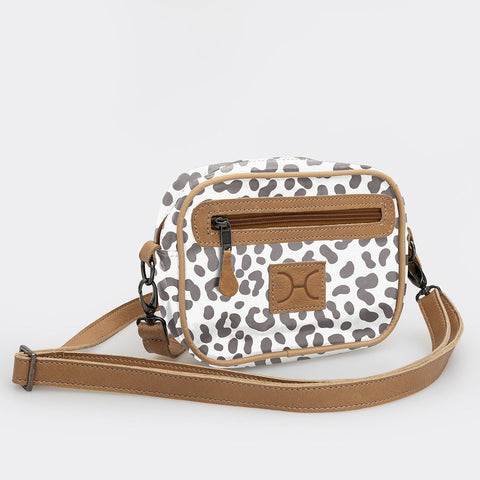 Lipstick Bag | Laminated Fabric with Genuine Leather - Cheetah - White