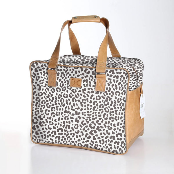 Large Weekender Luggage | Laminated Fabric with Genuine Leather - Cheetah - White