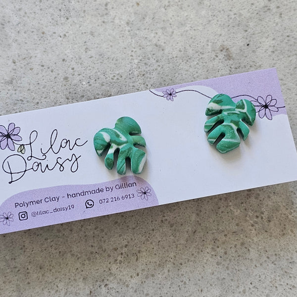 Polymer Clay Earrings - Monstera studs small